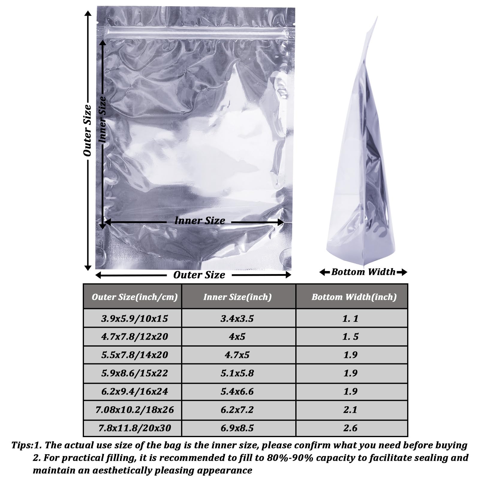 Confezione da 100 sacchetti in Mylar per la conservazione degli alimenti, richiudibili, in alluminio, trasparenti, con finestra frontale, 20 x 30 cm, riutilizzabili, con chiusura a cerniera, sacchetti