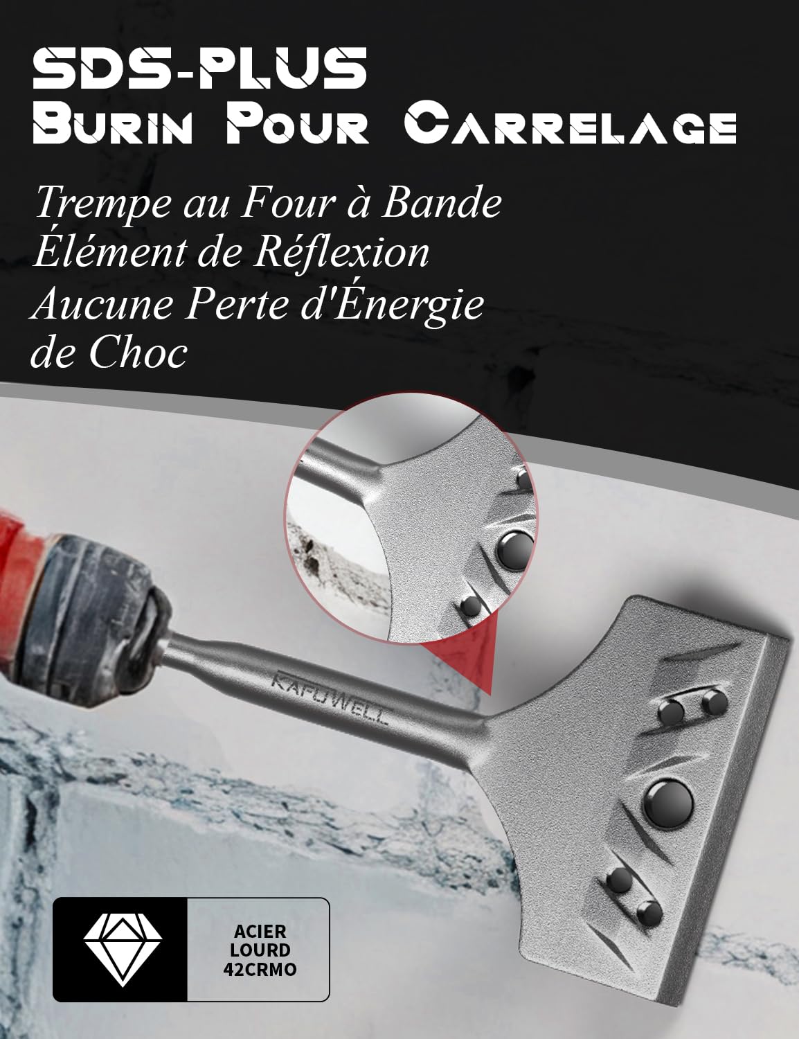 Burin SDS Plus Coudé, 194 x 78 mm, Burin Carrelage de Qualité Industrielle 42CrMo, Burin Plat pour Enlever Carrelage et Colle, Design Innovant à Trous et Rainures de Refroidissement