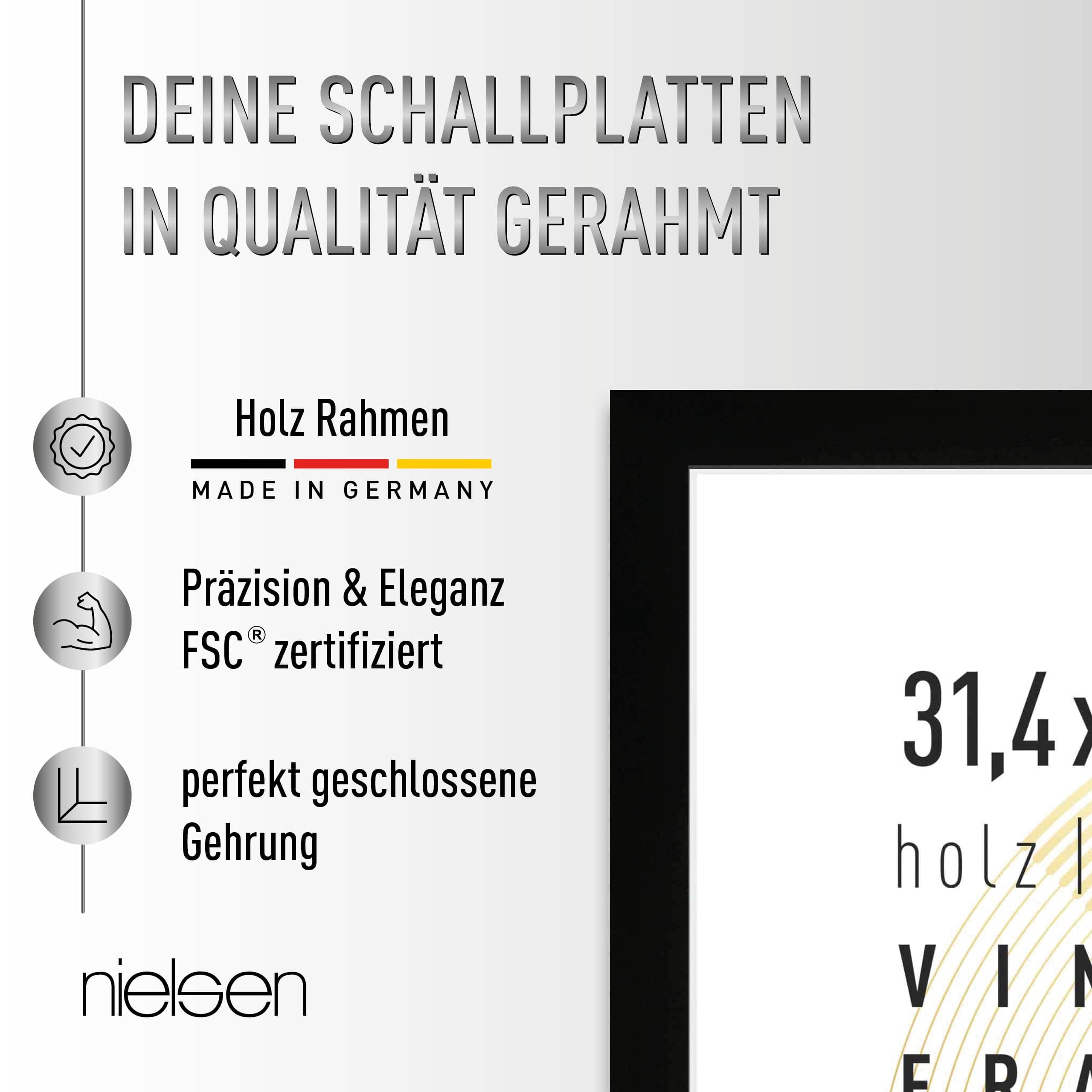 nielsen Schallplatten Rahmen, 31,4 x 31,6 cm (3er Set), Holz, Schwarz, Vinyl Rahmen zum Aufhängen im Hoch- & Querformat, bruchsicheres Kunstglas, Vinyl Holz