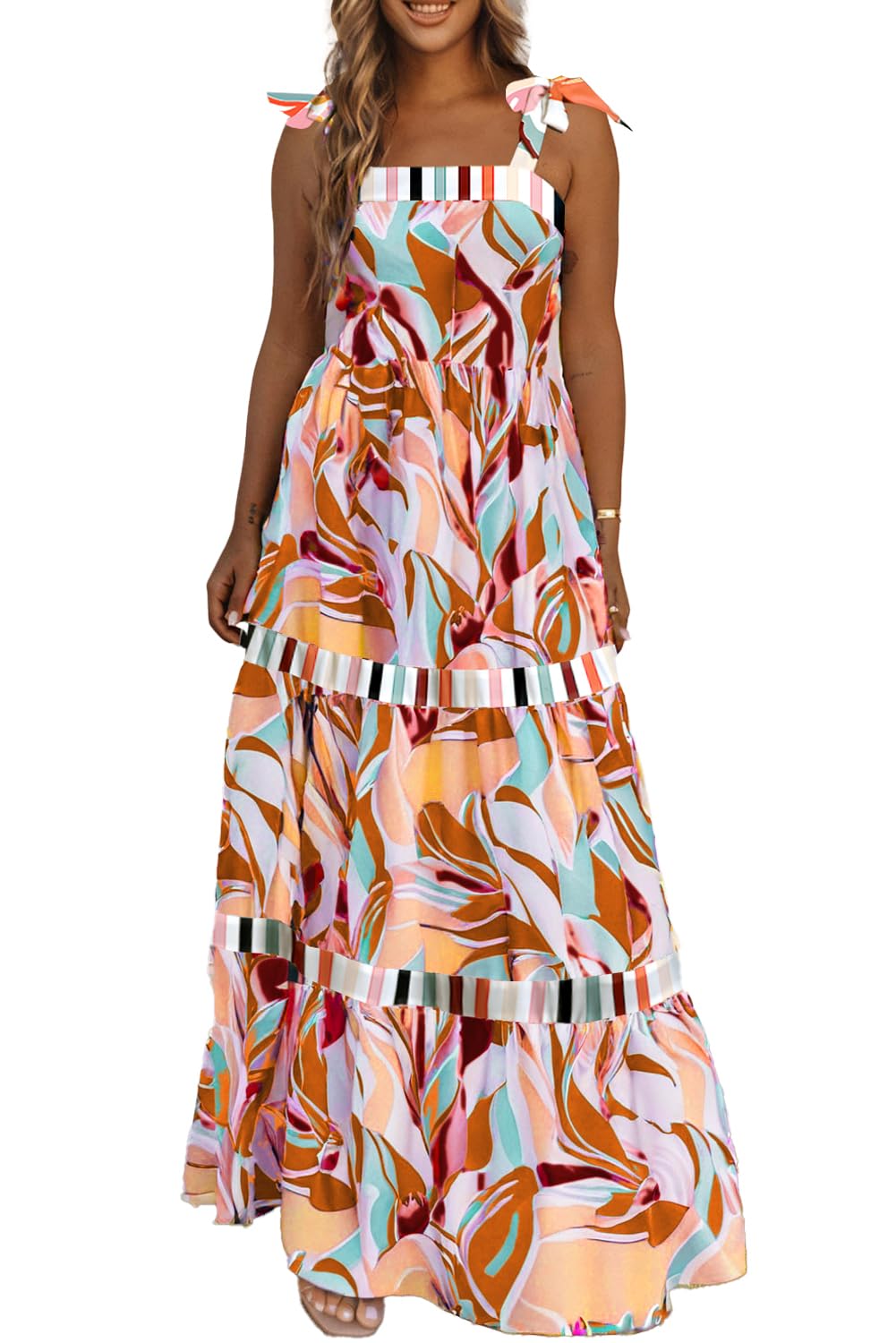 AlvaQ Women's 2025 Summer Sleeveless Floral Print Maxi Dress Strap Square Neck Beach Sun Dress