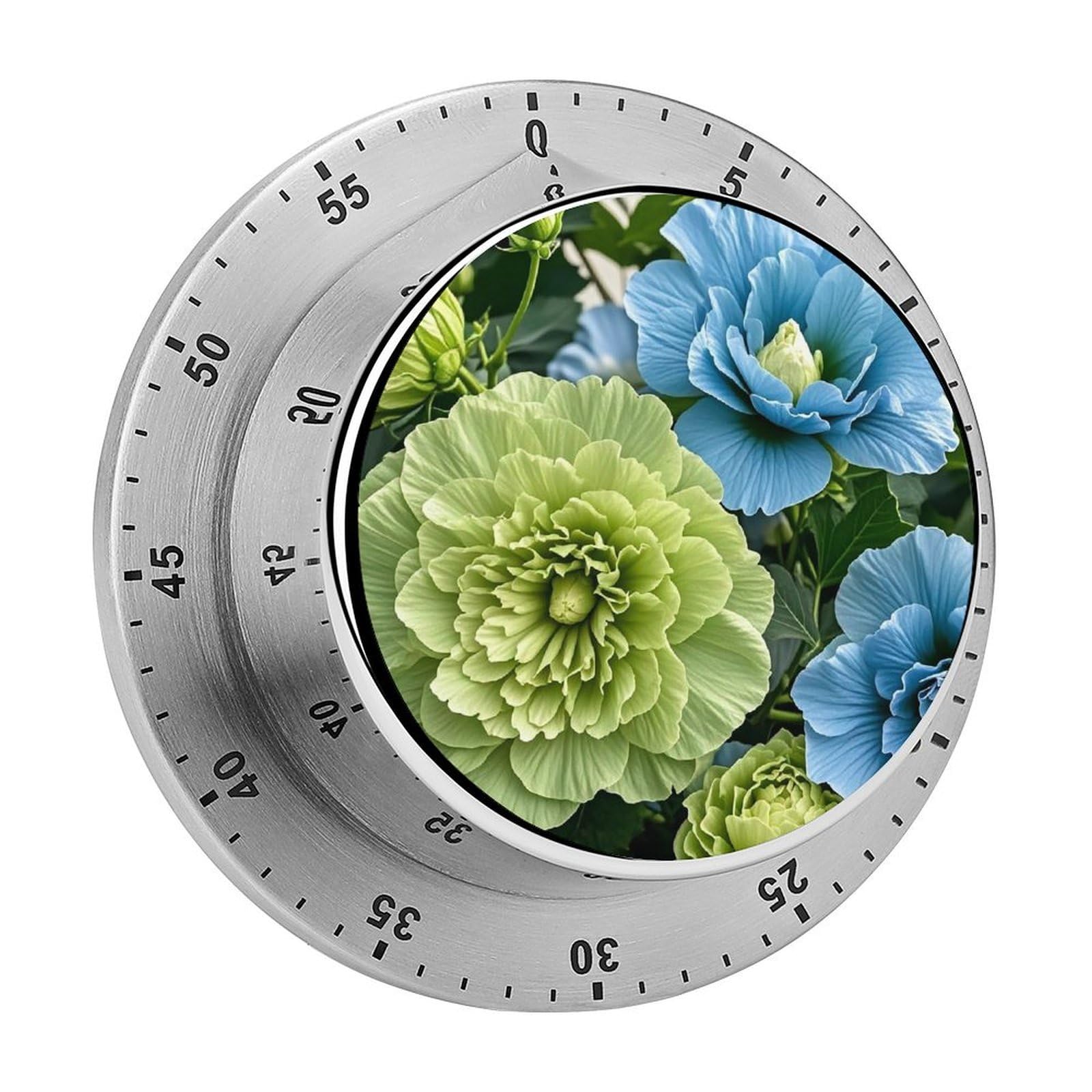Green and Blue Hibiscus Flowers Timer with Loud Alarm Precision 60 Minute Wind Up Timer Portable Manual Countdown Timers Exquisite Stainless Magnetic Kitchen Timers for Cooking Chef Clock