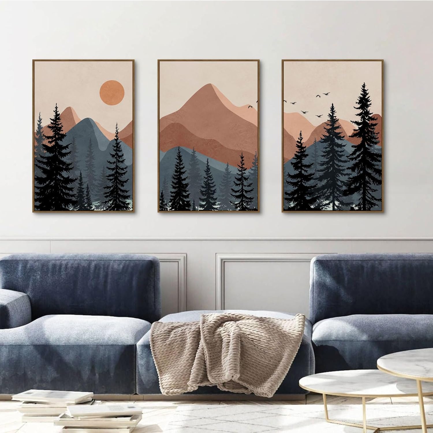 lianyibo Mid-Century Sunrise Sunrise Natural Landscape Theme Boho Wall Decorative Canvas Wall Decoration Black Pines Forest Home Decor (30x40cmx3/Inner Frame)