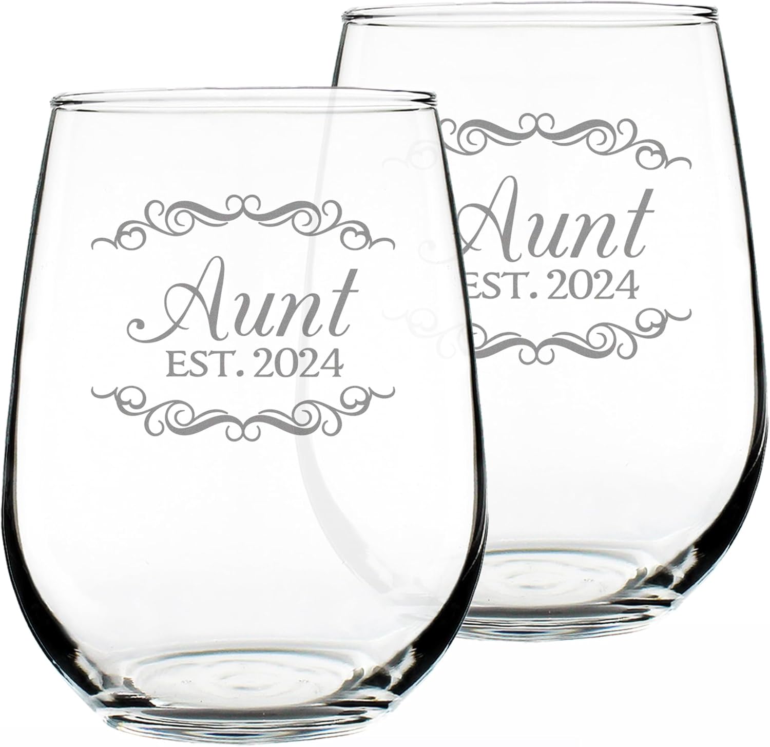 Custom Aunt Est 20XX - New Aunties Stemless Wine Glass Gift for First Time Aunts - Personalized Decorative 17 Oz Large Glasses