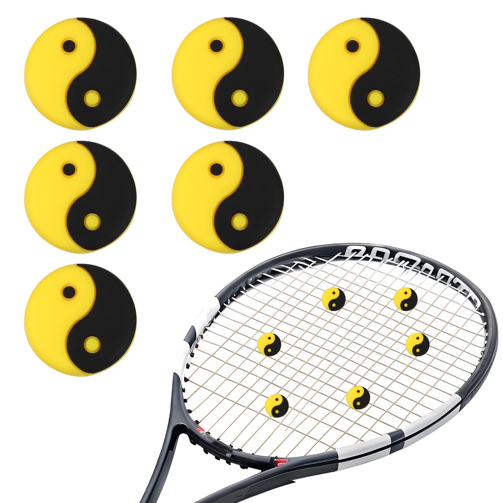 YELARXI Tennis Dampener, TaiChi Pattern Silicone Tennis Racket Dampeners Racket Shock Absorber to Reduce Vibration Soft Cute Fit for (Players/Universal Fit for All Racquets) 6Pcs & Yellow