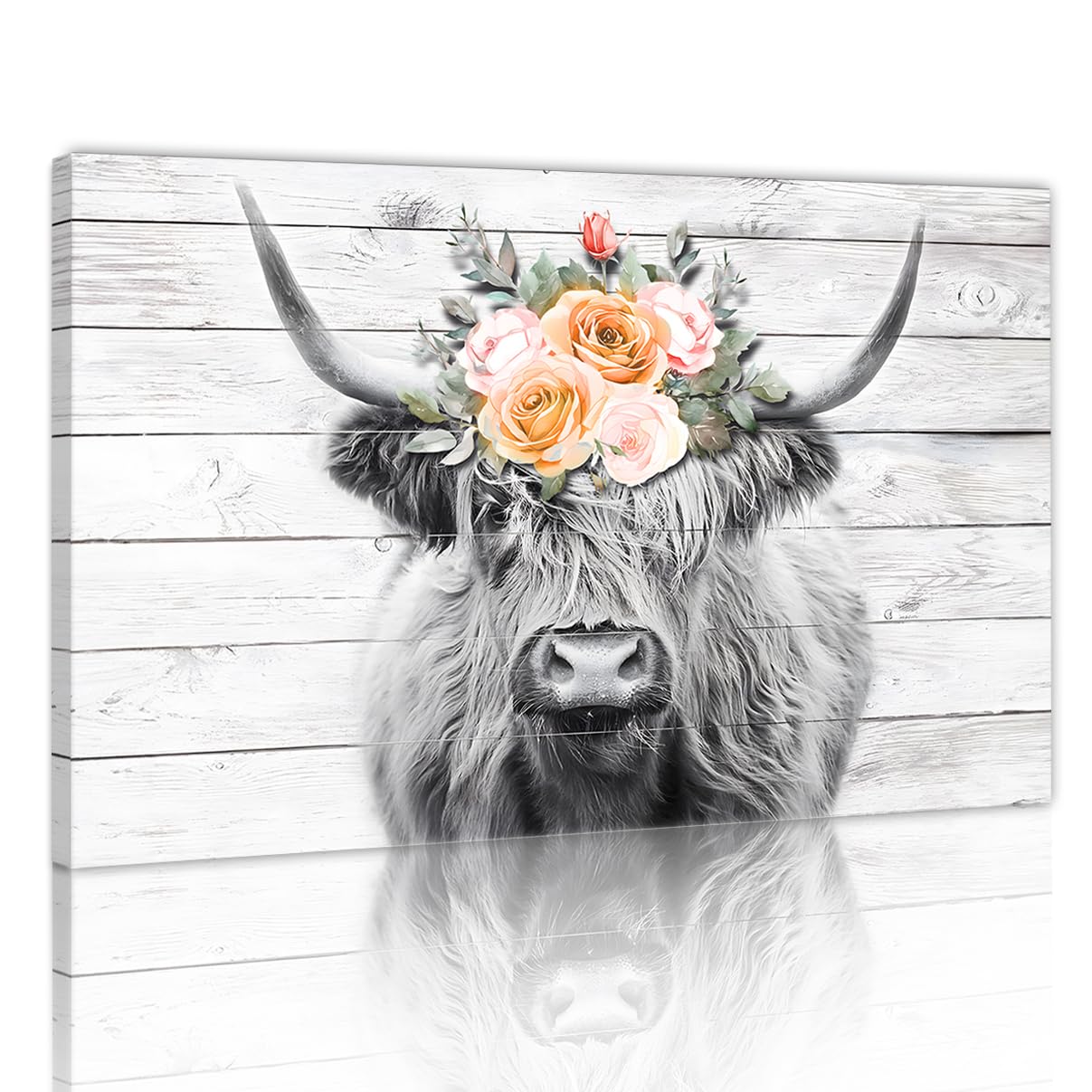 Yatsen Bridge Cute Cow Pictures Wall Decor Artwork Modern Highland Art Flowers and Posters Long-Haired Cattle Canvas Prints Gray Painting Living Room Framed Ready to Hang - 24x36 Inches
