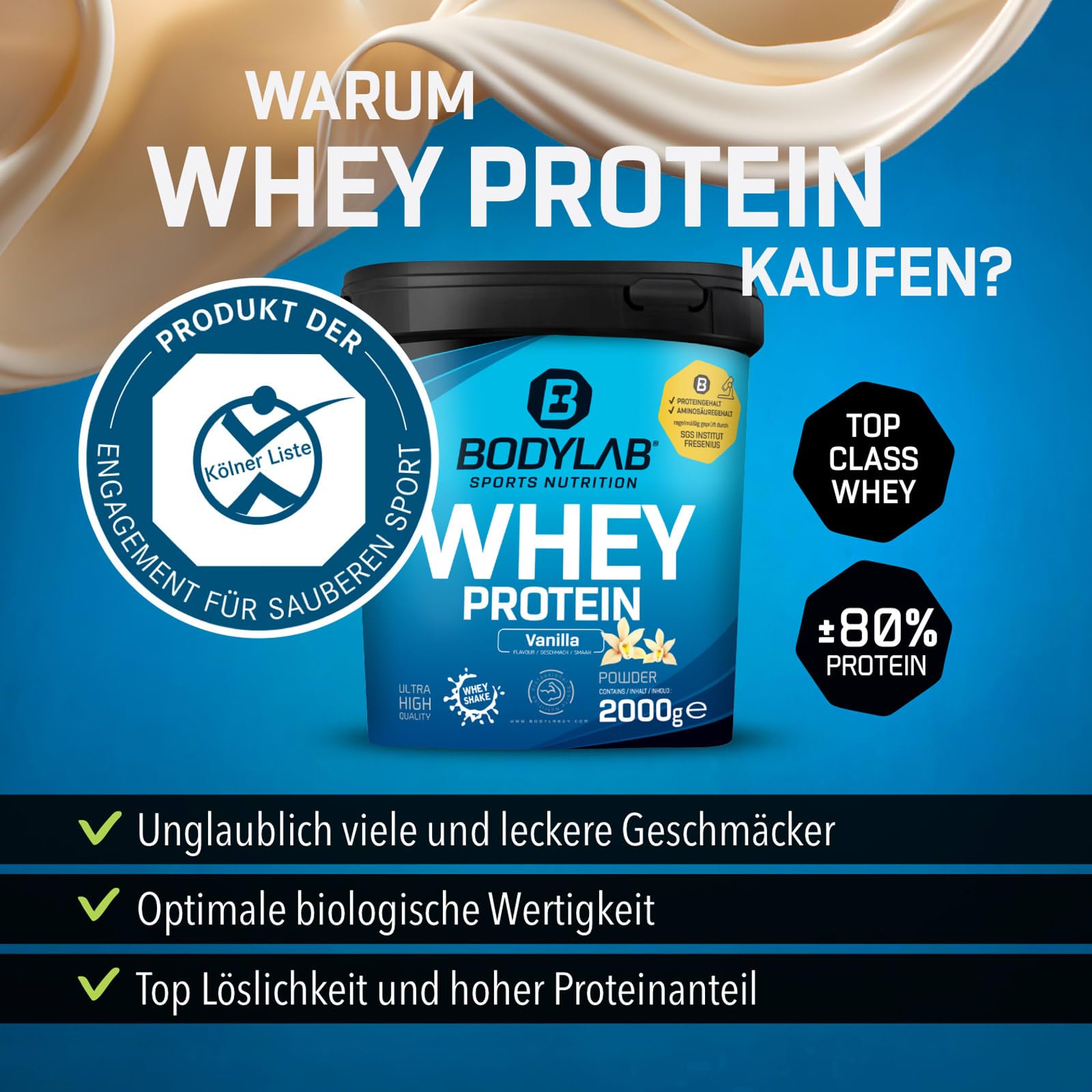 Proteinowy proszek Bodylab24 Whey Protein orzech kokosowy 2kg / kokos Proteinowy Shaker do sportów siłowych i fitness / proszek Whey może wspierać budowę mięśni/ proszek białkowy z 80% białkiem / bez aspartamu