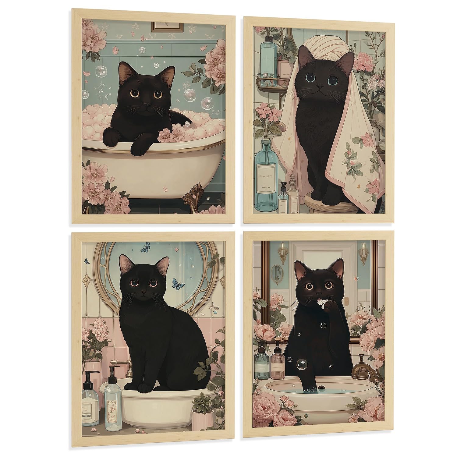 Nacnic Set De 4 Laminas Decorativas Gato Negro En Baño Cuadros Cute Estilo Floral Poster Decoracion Aseo Lavabo Dormitorio Vintage Suave A3 Marco Madera Clara
