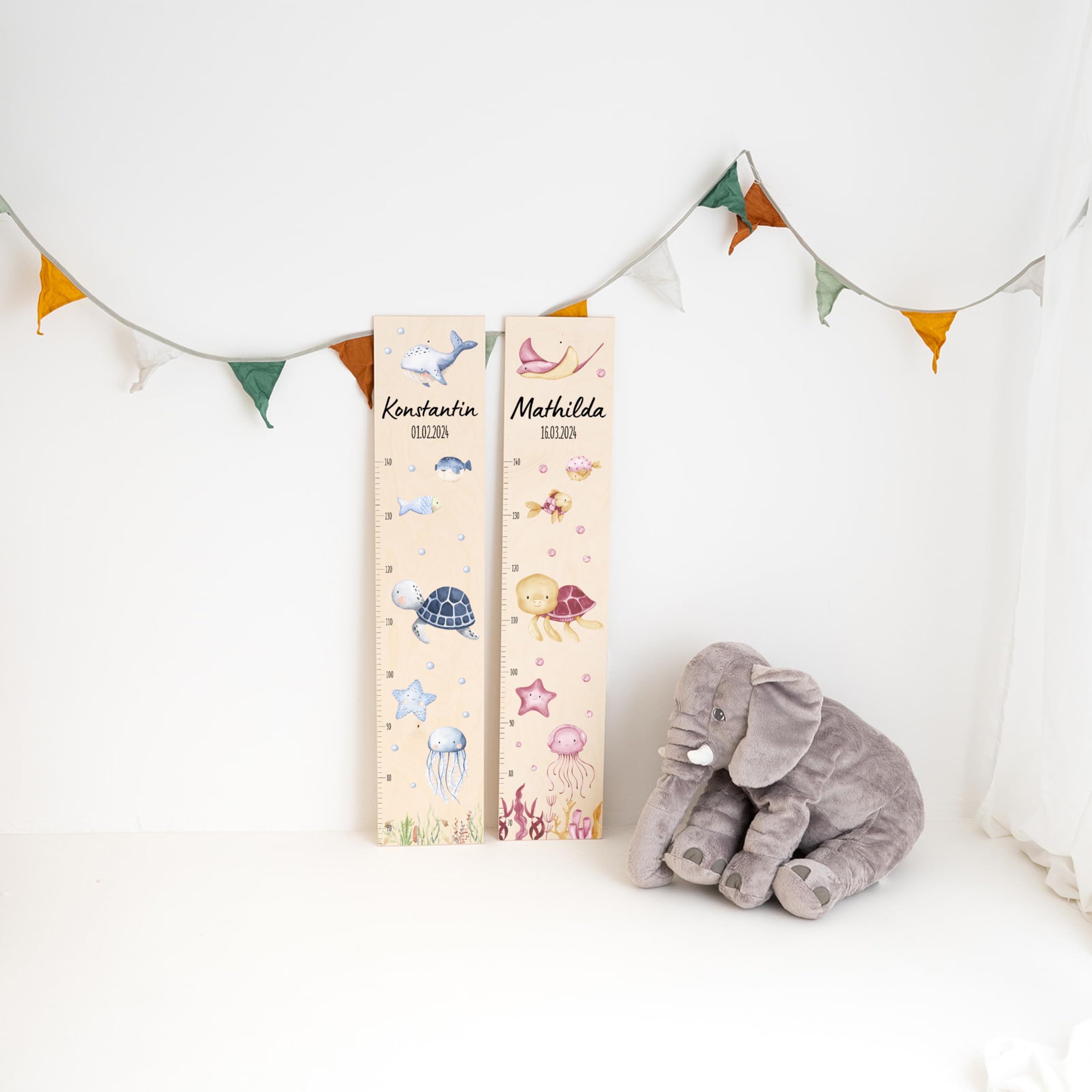 Bärenfreunde® - Personalisierte Messlatte Kind Holz zum Kleben oder Aufhängen - Skala 70-140cm - Süße Dekoration für Baby- & Kleinkinderzimmer (Kinder 70-140cm, Schildkröte blau)