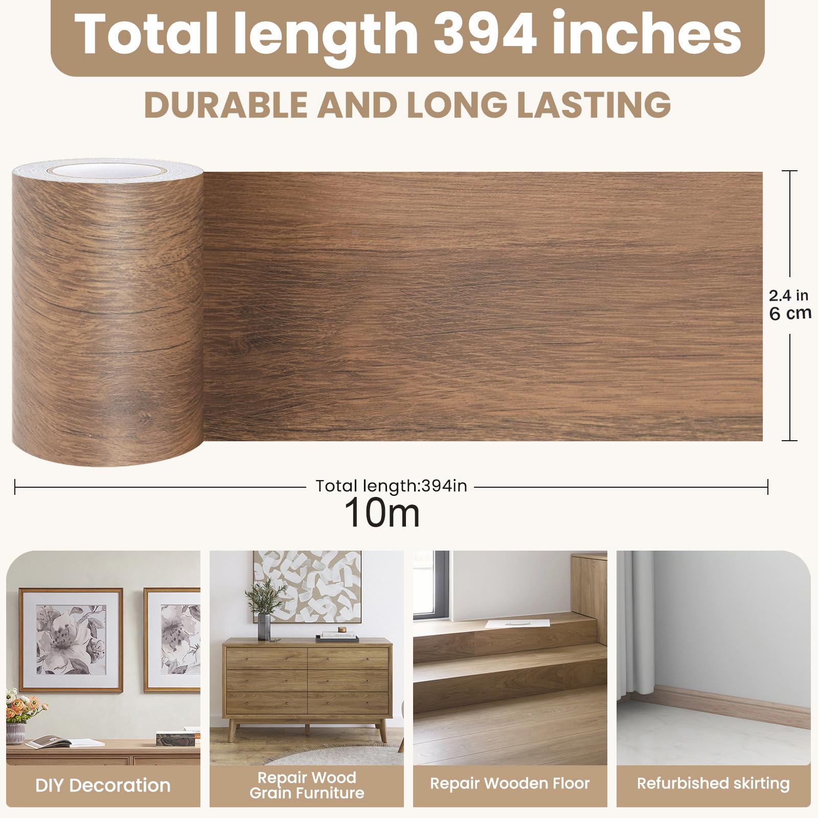 Cinta de reparación de grano de madera, cinta autoadhesiva de color madera de 2 pulgadas x 32 pies para mesas, sillas, zócalos, puertas, ventanas, suelos, manualidades, bricolaje. 5