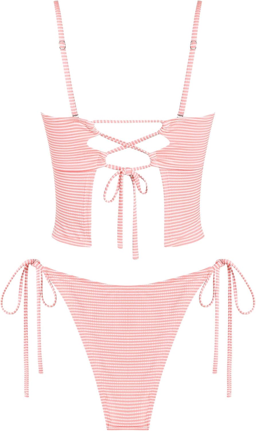 ZAFUL Women's Tankini Swimsuits Ruffles High Cut Swimwear Striped Tie Back Knot Two Piece Cheeky Bathing Suit - Image 4