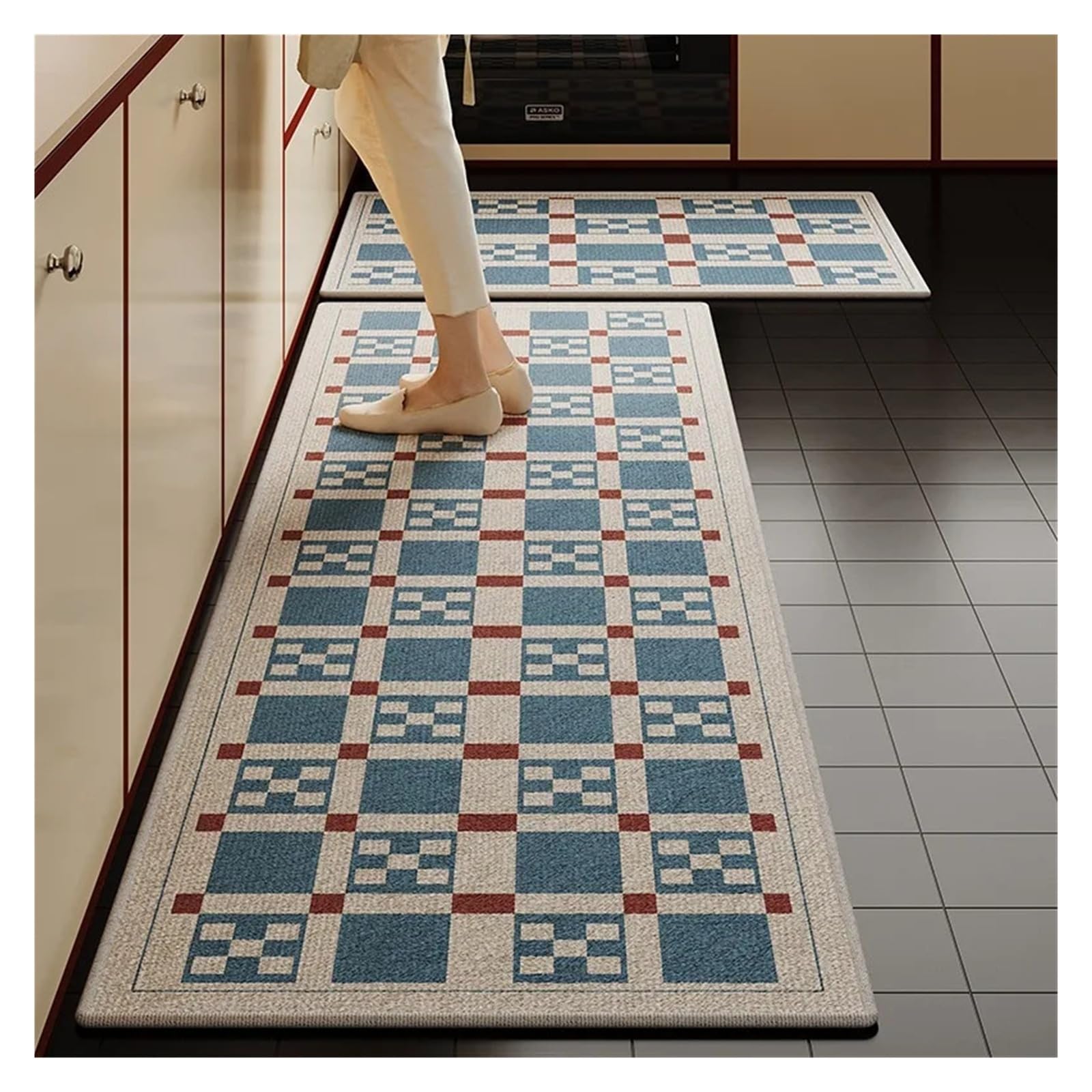 Tapis à carreaux bleus longs de cuisine, tapis de sol anti-poussière