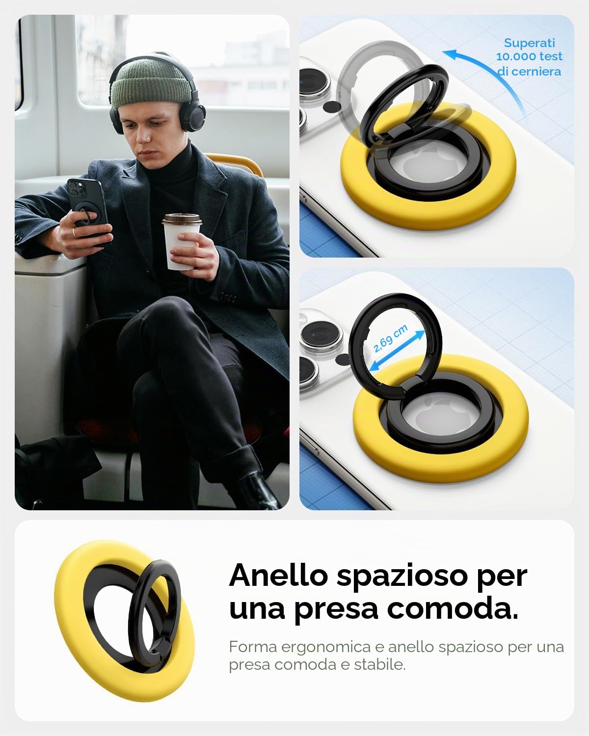 Spigen NanoPop MagFit Anello MagSafe per Telefono [Supporto a Cerniera Rotante] Compatibile con iPhone 17 17e 16 15 14 13 Pro e Cover MagSafe/Pixelsnap per Samsung S26 S25 Ultra, Pixel 10 10a - Giallo