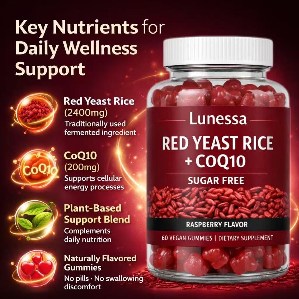 Lunessa Red Yeast Rice, with Red Yeast Rice 2400mg, CoQ10 200mg, Restores Body Vitality & Maintains Healthy Cholesterol Levels for Men & Women, Non-GMO, Vegan, Raspberry Flavor, 60 Gummies (1)