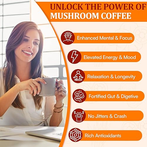 Miniatura 4 de Café de hongos Café de hongos orgánico con 11 hongos superalimentos, incluye melena de león, reishi, chaga, cordyceps y adaptógenos, suplemento de