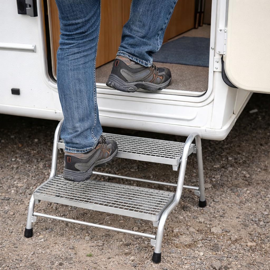CR-MOESANCO® Escalón Doble Desmontable Caravana Acero galvanizado 150 kg Antideslizante Prima Brunner Plegable con Tacos de Goma Altura 18-37,5 cm Acceso Autocaravana Camper