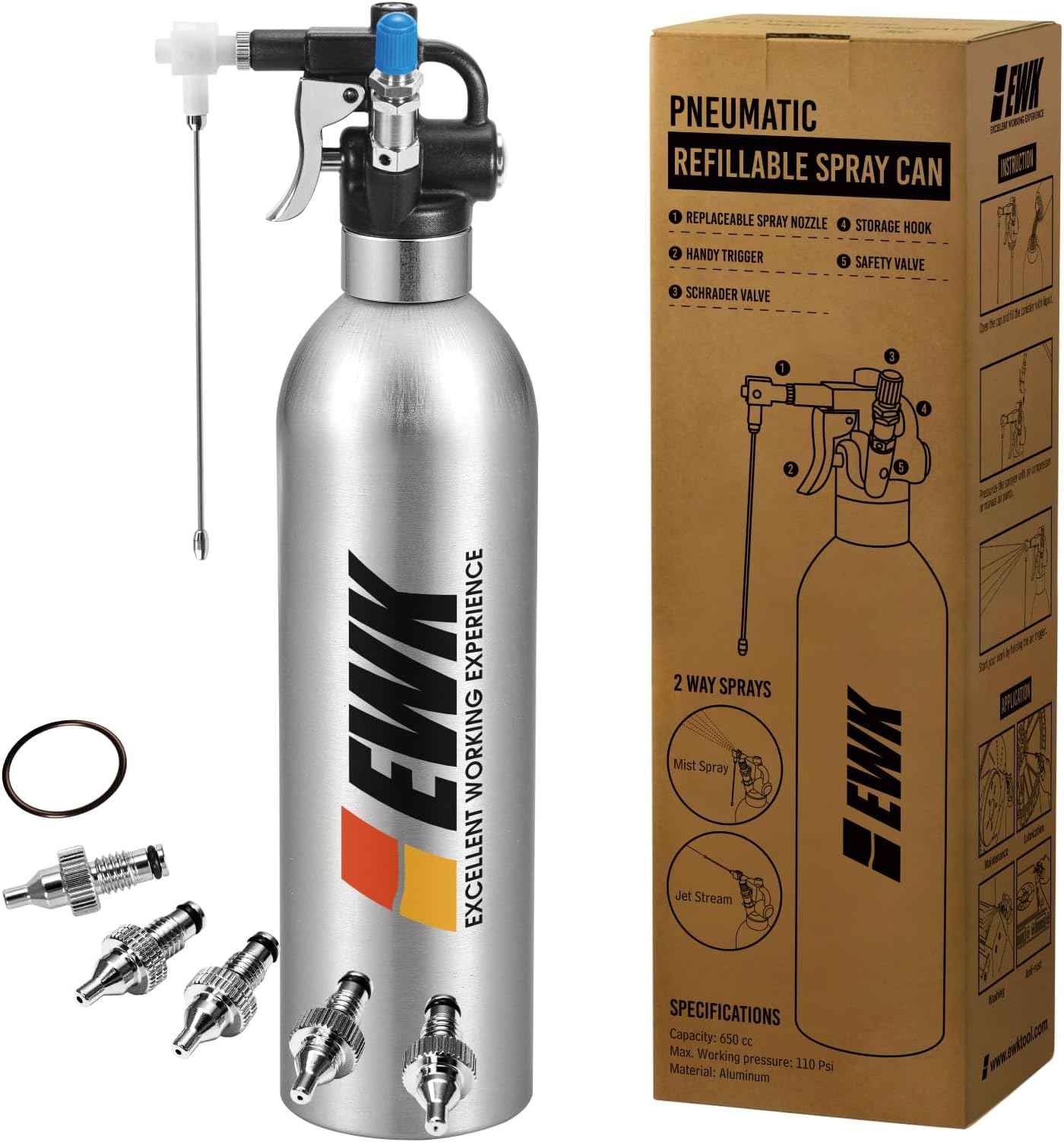 EWK Patented Aluminum Refillable Aerosol Spray Can with Nozzles Kit, Compressed Air Sprayer for Brake Clean, Lubrication and Anti-Rust