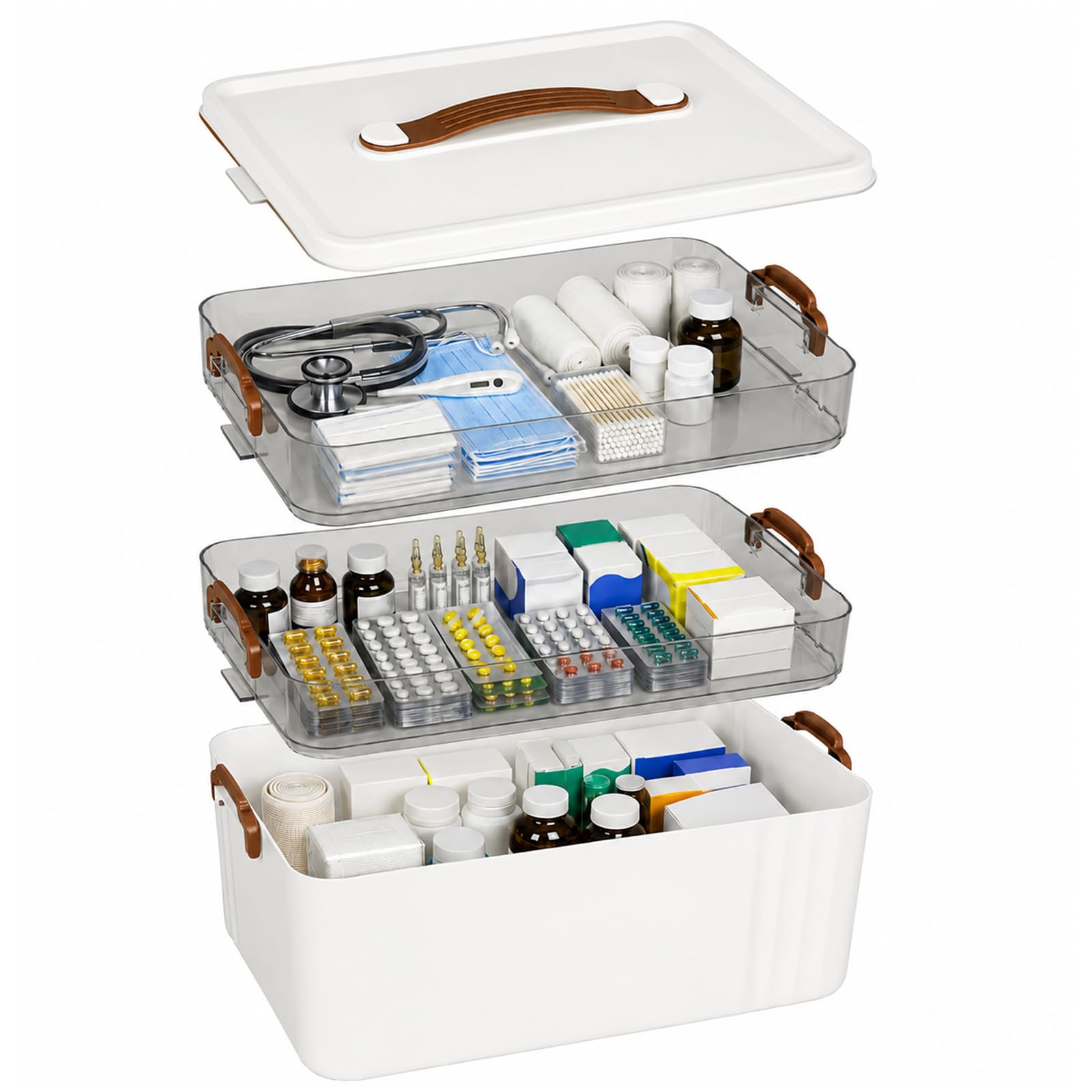 scatola di conservazione per medicinali, 3 livelli con maniglia portatile, organizer per farmaci, contenitore multifunzione per medicinali, gadget, gioielli, accessori per cucito (bianco)