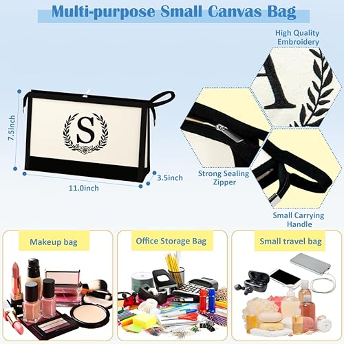 Miniatura 3 de QLOVEAInitial Canvas Tote Bag Makeup Bag, Beach Bag with Zipper, Personalized Birthday Gift for Mom Grandma Sister Friends