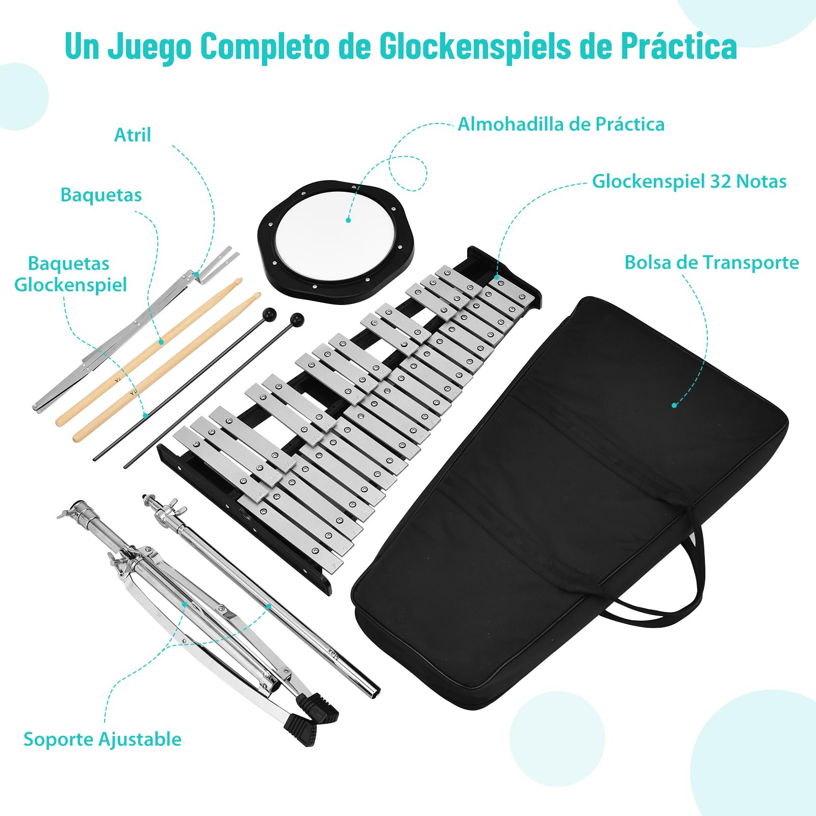 COSTWAY Xilófono de 32 Notas, Instrumento de Percusión Plegable con Soporte Ajustable, Atril, Panel de Práctica, Mazos de Campana, Baquetas de Madera, Juego de Xilófono con Bolsa de Transporte
