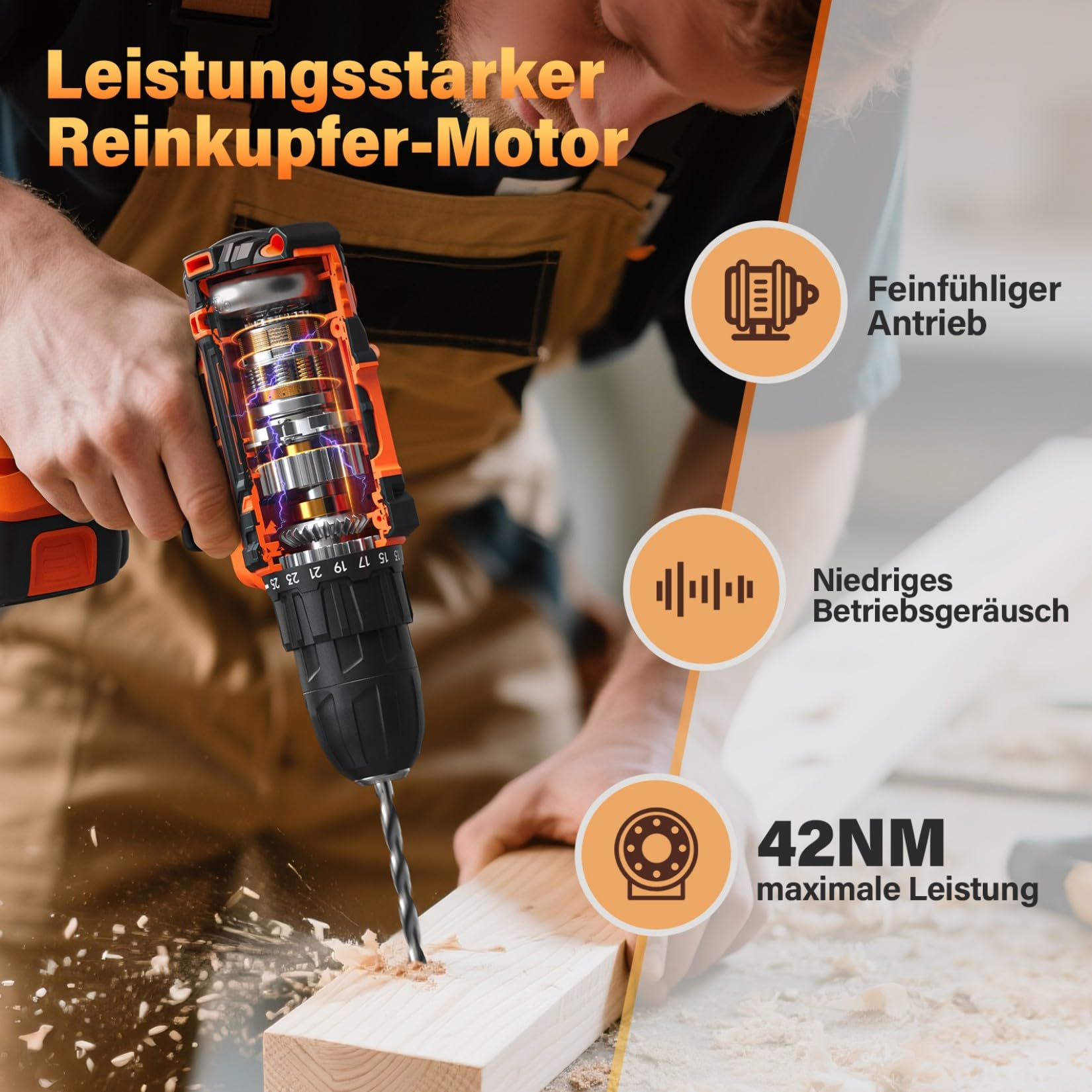 Akkuschrauber mit 2 Akkus 2.0Ah, 20V Akku Bohrschrauber Set, 2-Gang Akku Bohrmaschine, 25+1 Drehmomentstufen Akkubohrer, 42Nm Max, 10mm Bohrfutter, 24 Teiliges, LED-Licht, Für Reparatur & DIY