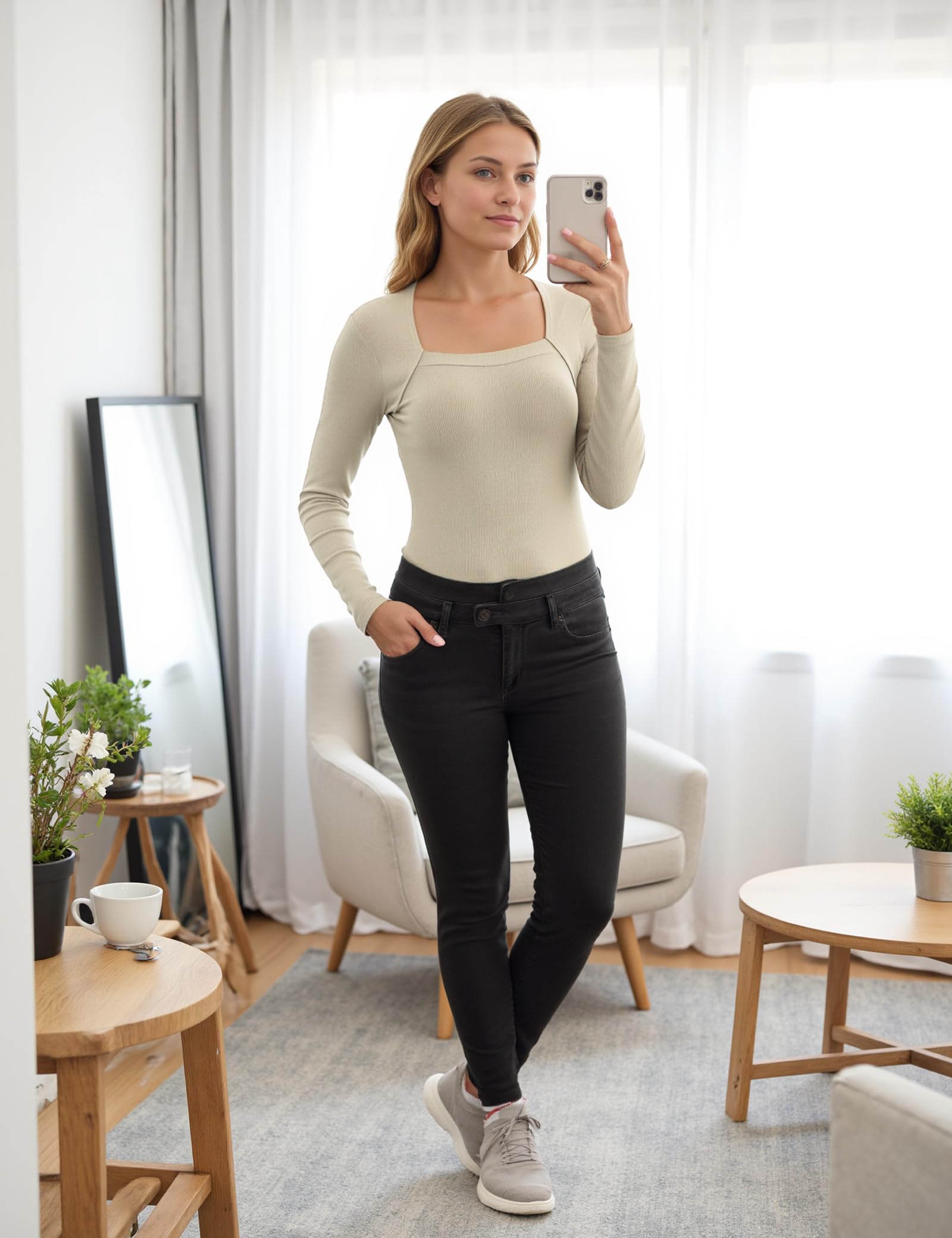 Aottori Maglie Donna Maniche Lunghe Scollo Quadrato Cotone Maglietta Elasticizzato Coste Tee Shirt Elegante T Shirt Slim Fit Sottogiacca Basic Top Leggera Casual