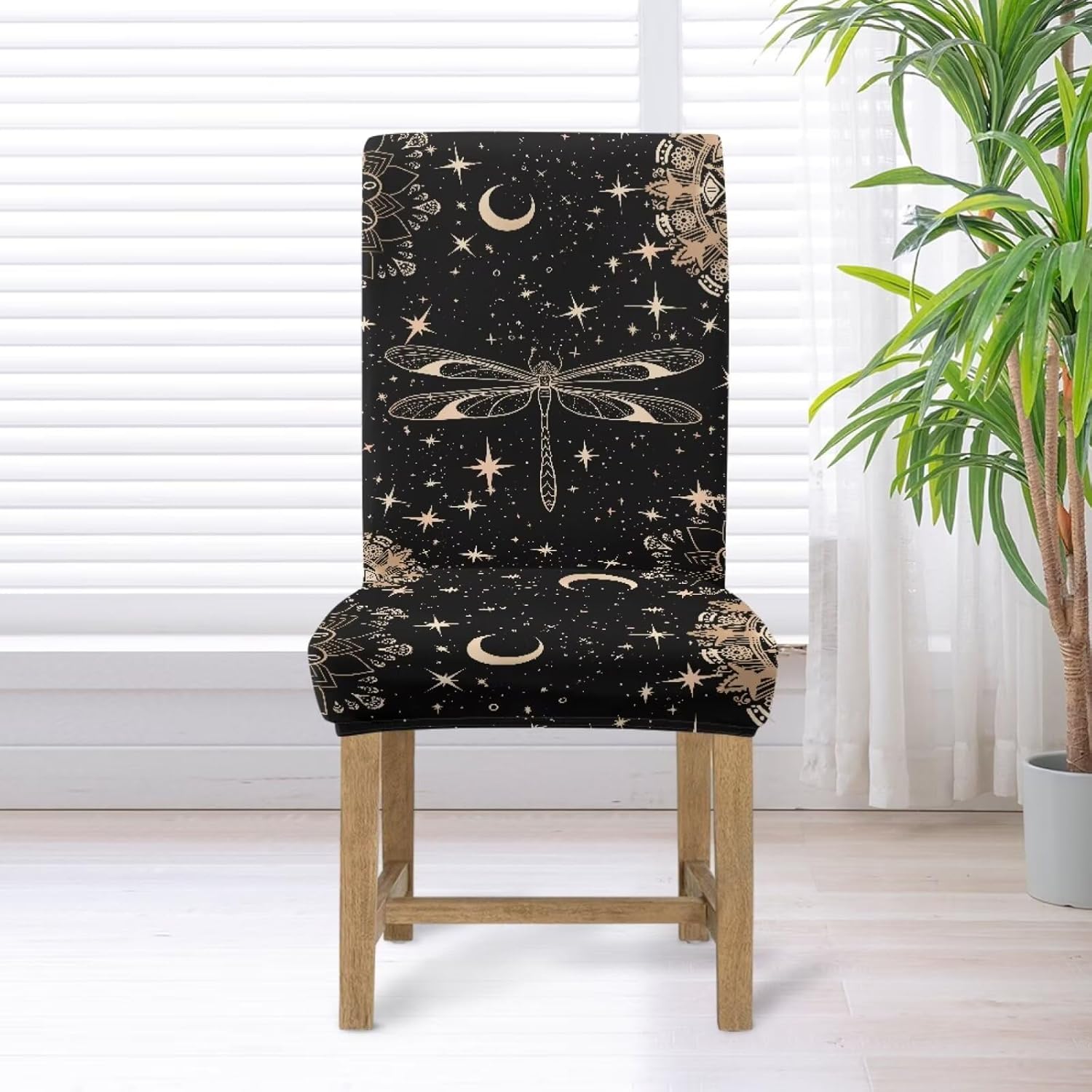 Dragonfly Floral Moon Star Print Chair Covers for Dining Room, Stretch Parsons Chair Slipcovers Washable Decorative Seat Cover with Elastic Band, Set of 4