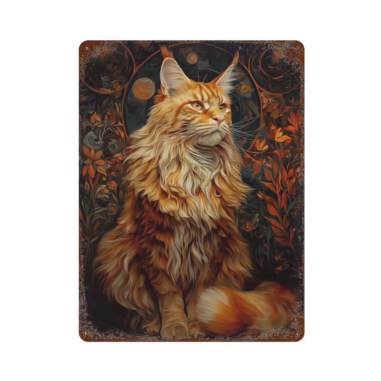 Garage Style Majestic Red Tabby Maine Coon Cat Portrait with Floral Background Aged Metal Wall Plaque 15.7"x11.8", Decorative Metal Wall Art for Bar And Workshop