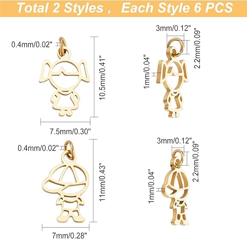Miniatura 2 de DICOSMETIC 12 dijes de género humano de 2 estilos, dijes de filigrana huecos, dijes dorados de acero inoxidable con anillo de salto para hacer