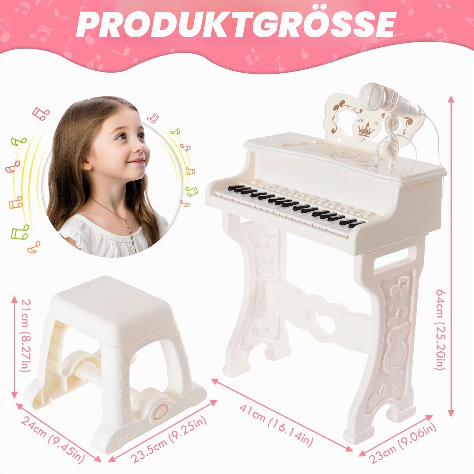 Kinder Klavier Piano-Elektronisches Musikinstrument mit 37 Tasten für Mädchen,Geschenk,Pädagogisches Musikspielzeug mit Abnehmbaren Beinen,Mikrofon,Mehreren Musikmodi,Licht,Hocker