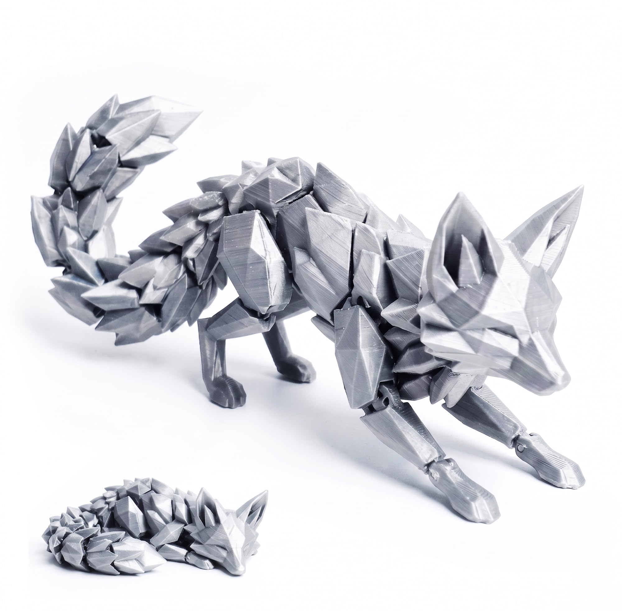 3D Printed Articulated Fox Figurine, Animal Fidget Toy with Movable Joints, Geometric Desktop Ornament for Home Office Shelf Decor (Silver,L)