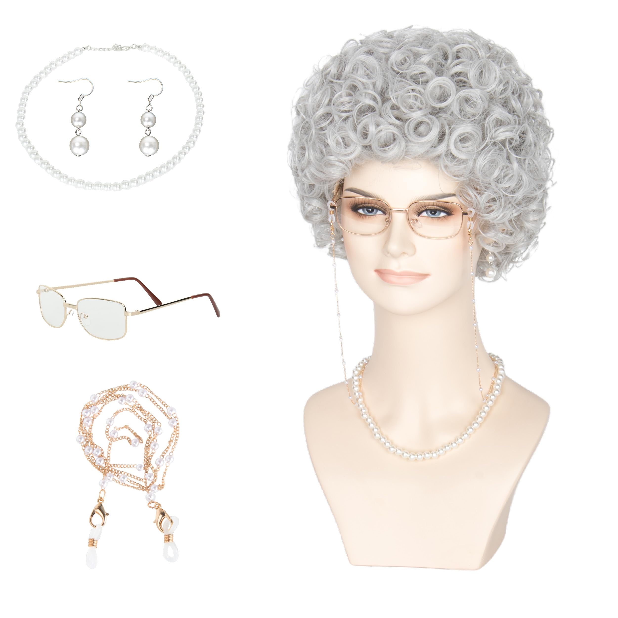 Yan Dream Women Old Lady Wig 6pcs/set Short Curly Silver Grey Wig for Grandma Cosplay Halloween Wig Set