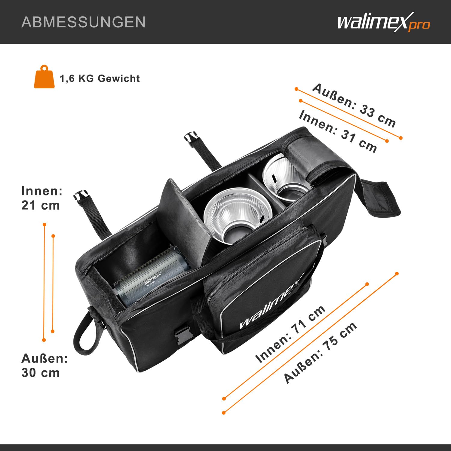 Walimex Pro Studiotasche XL für Studioblitz, Reflektoren und anderes Studiozubehör, Innenmaß 75x30x33cm), Braun