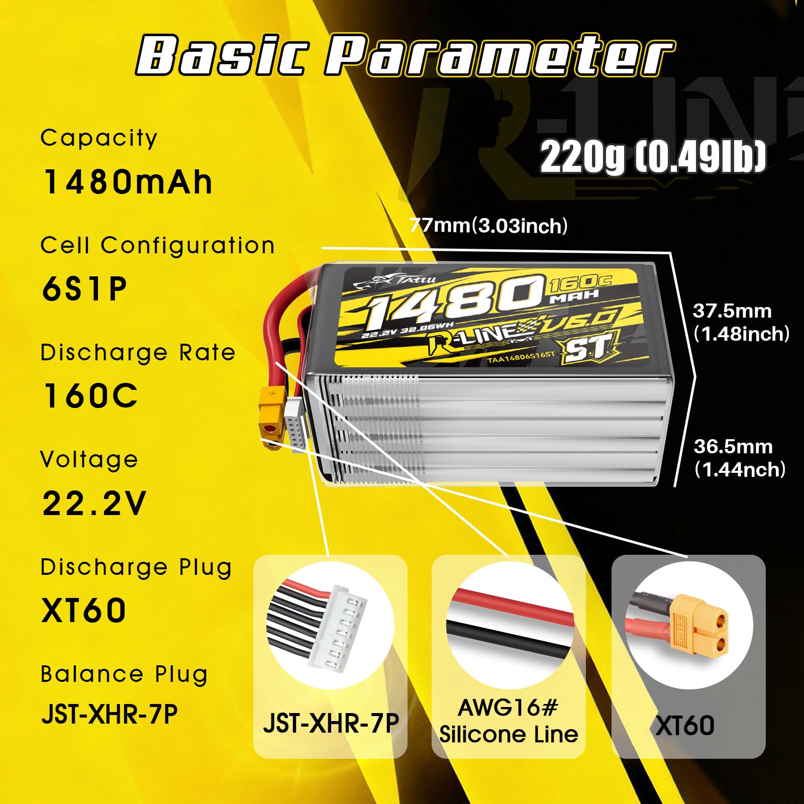 Tattu 6S 1480mAh R-Line V6 22.2V 160C Batería LiPo con XT60 – Versión ST – Batería de Alto Rendimiento para Drones FPV Racing y Freestyle