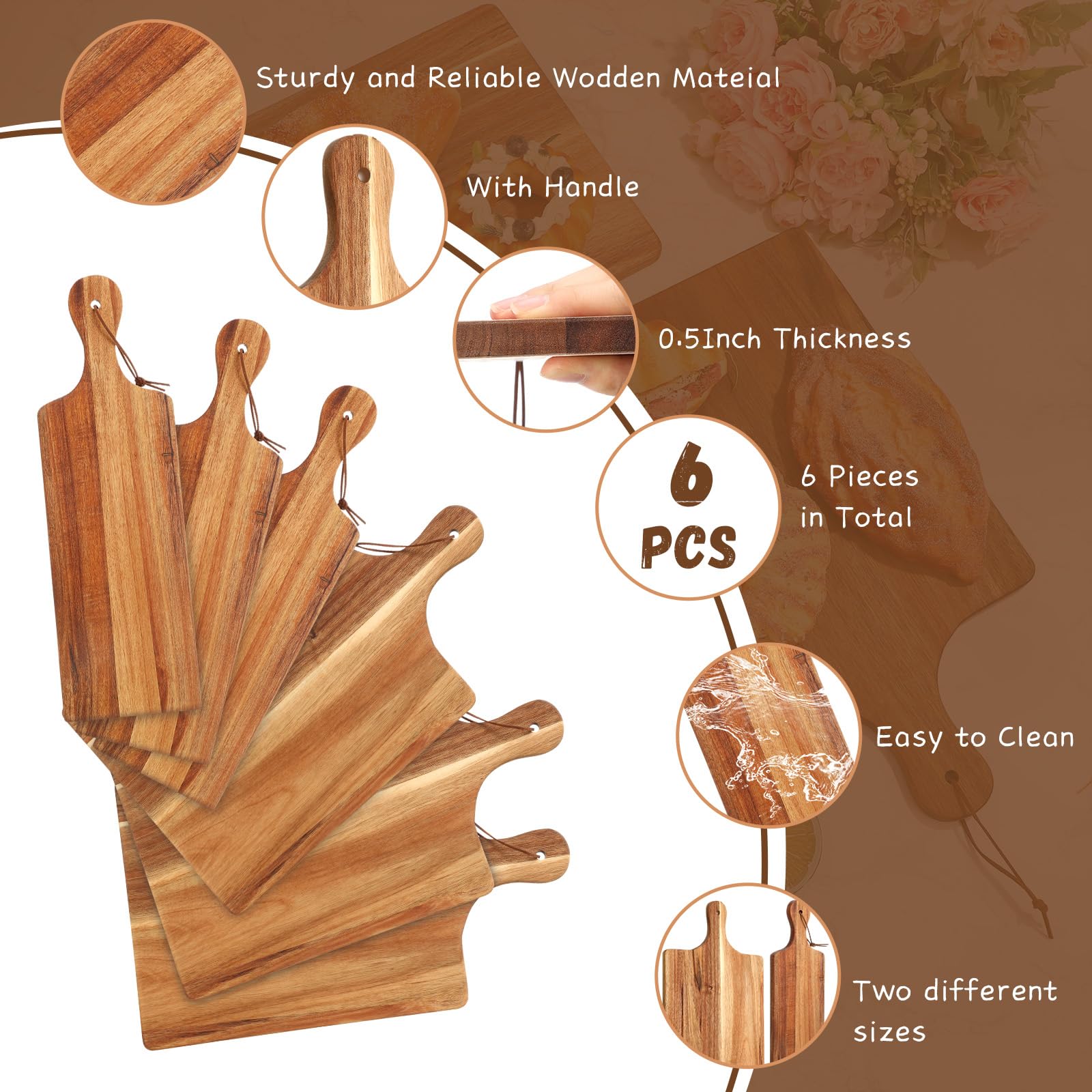 Tanlade Juego de 6 tablas de cortar de madera con asa, tabla de cortar de carnicero, bloque de corte para San Valentín, Día de la Madre, boda, regalo de inauguración de la casa, 16 x 10 pulgadas, 16 x
