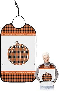 QueenKer Thanksgiving Funny Adult Bibs for Eating, Autumn Pumpkin Orange Black Plaid Waterproof Clothing Protector Washable Adult Bib with Crumb Catcher for Men Women Elderl and Seniors