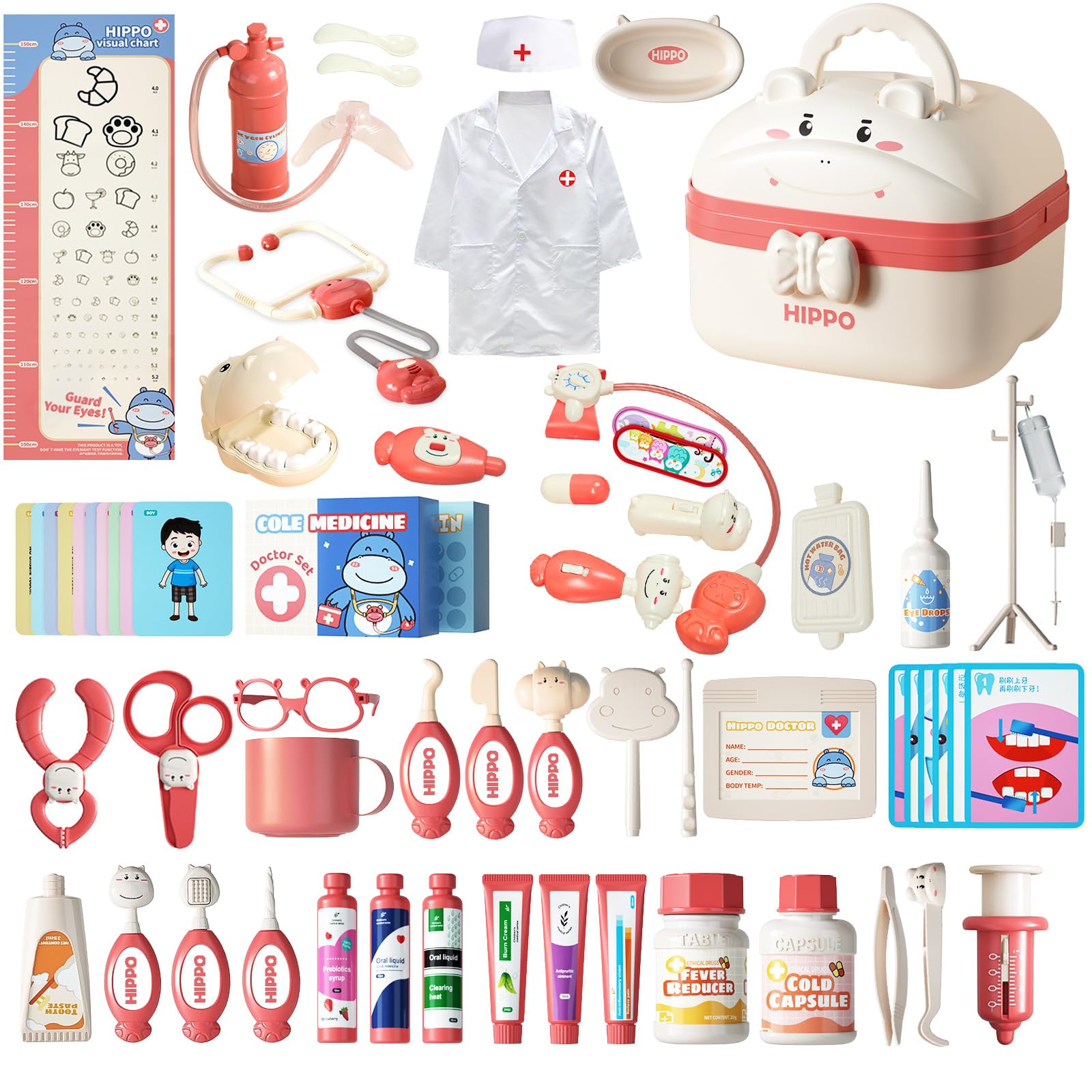 RedCrab Kids Cute Hippo Medical Playset 62pcs, Dentist Role Players with Clothes, Toddler Doctor Playset, Conquer The Doctor's Fear for 3-8 Kids Dentist Playset (Pink)