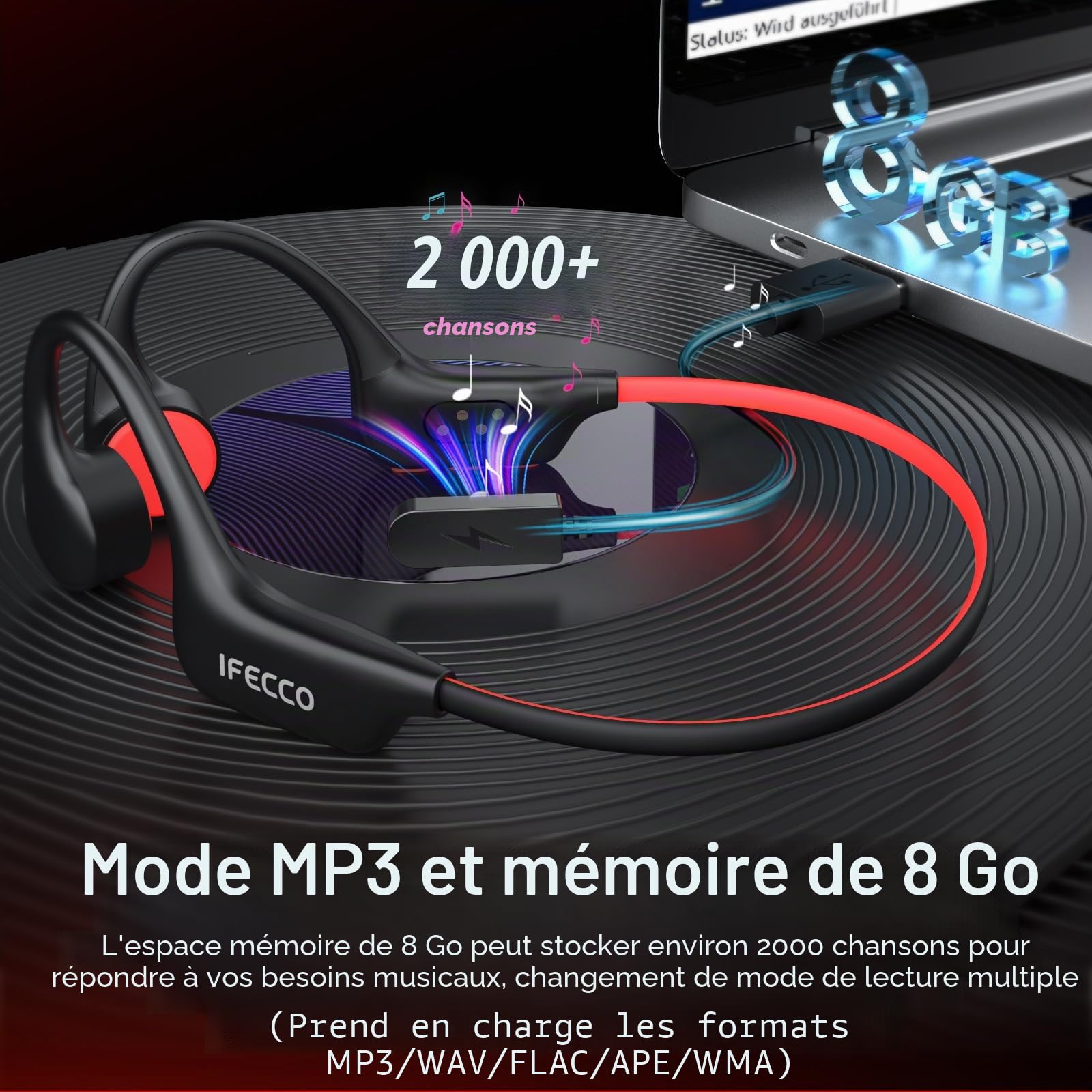 IFECCO Casque Conduction Osseuse Natation,IP68 Étanche Ecouteur Natation