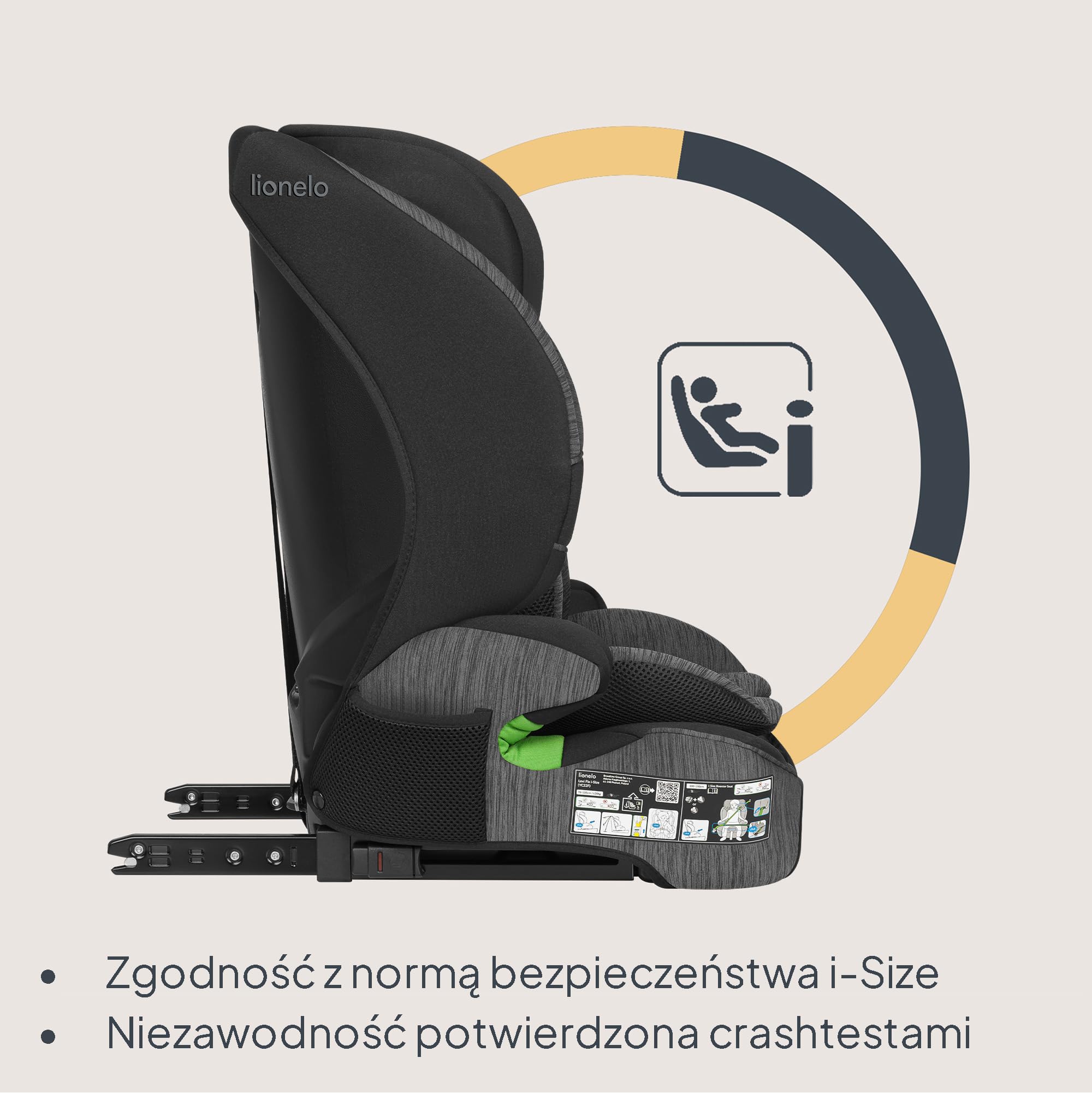 Lionelo Levi Fix I-SIZE fotelik dziecięcy 76-150 cm do 18 kg, grupa 1 2 3, osłona boczna, regulacja zagłówka 10 stopni, ISOFIX i montaż Top Tether, R129 i-Size