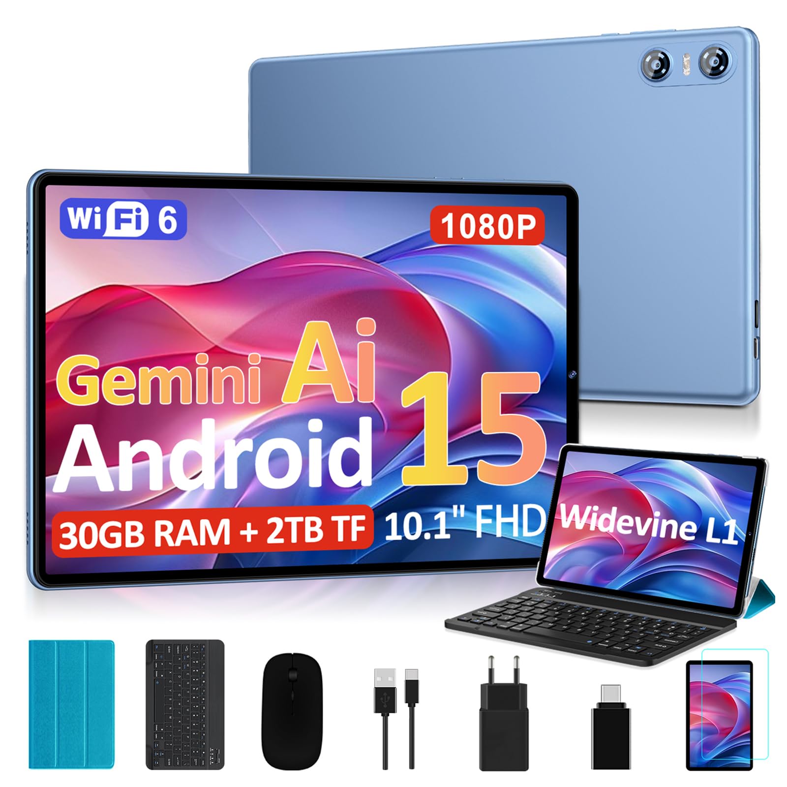 2026 Tablet 10 Pulgadas Android 15, Gemini AI, Octa-Core, 5G WiFi 6, 30GB RAM (2TB TF), Widevine L1, GMS, GPS, BT 5.0, 6000mAh, 5+8MP, 3.5mm Audio, FHD Tablet con Teclado+ Ratón + Funda, Azul