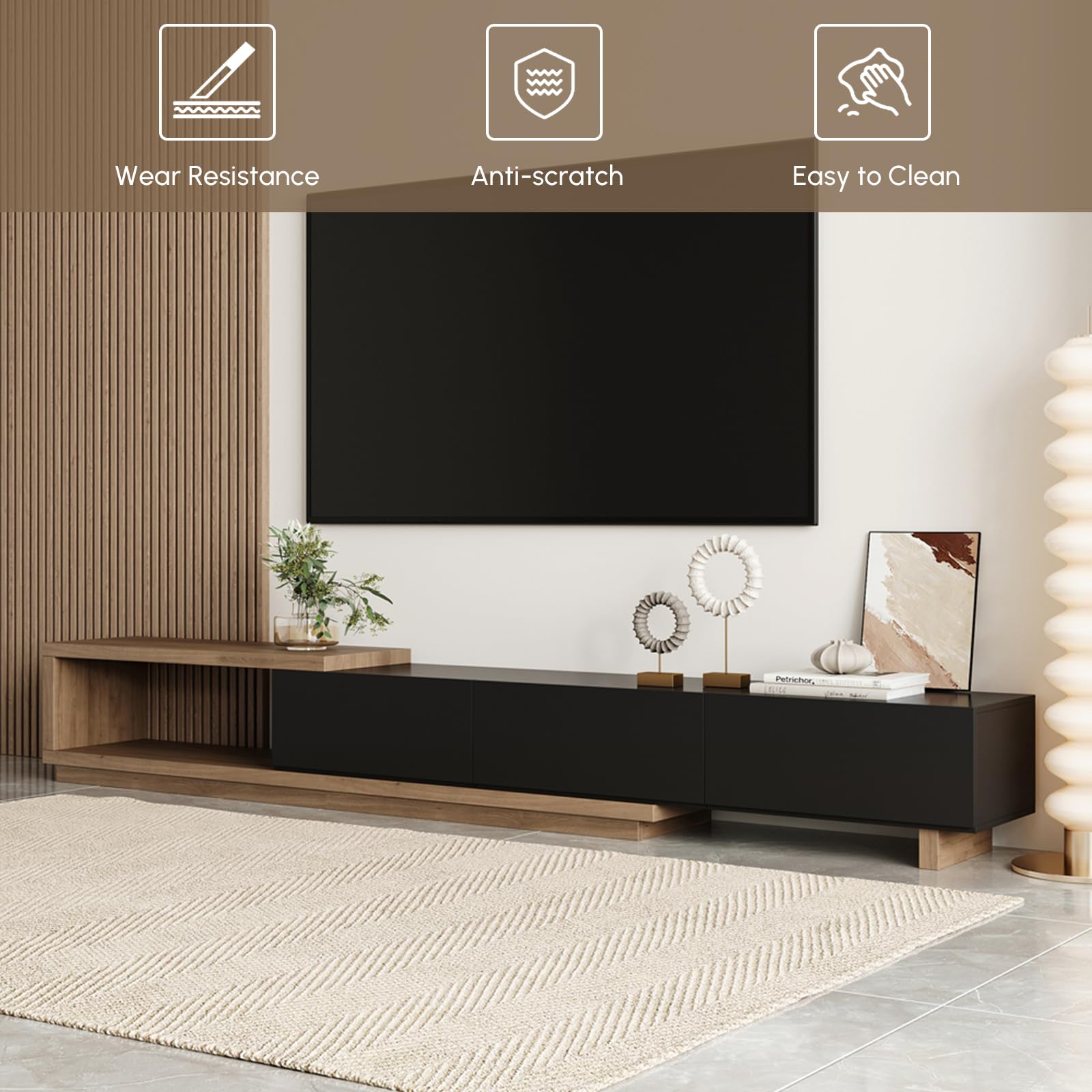 Homary Meuble TV Extensible 180-255 cm, Console Multimédia avec 3 Tiroirs