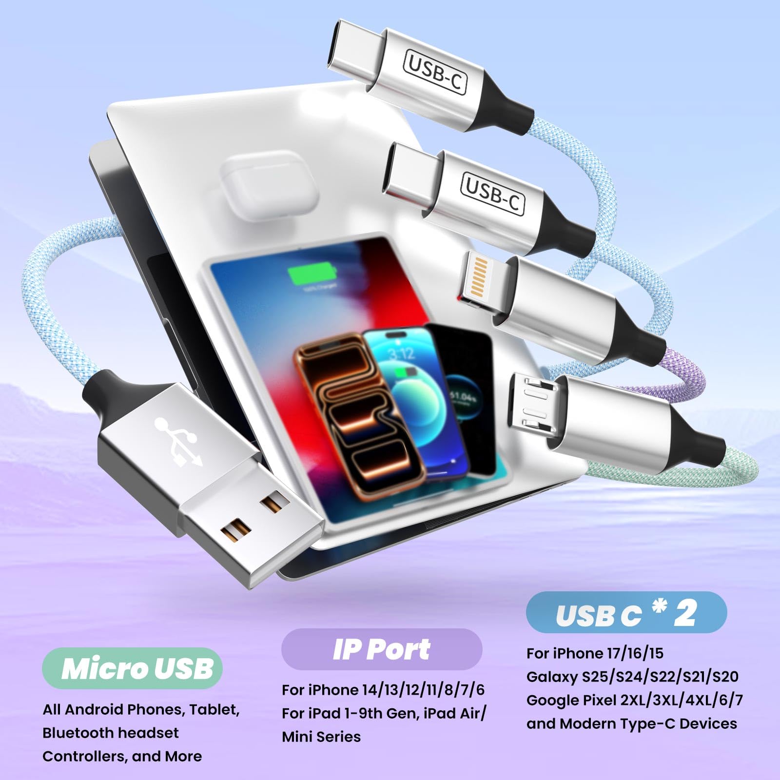 Cable de carga múltiple de dos puertos tipo C, cable USB 4 en 1, cargador de viaje para múltiples dispositivos con dos puertos tipo C/Micro/IP, [2 unidades/5 pies] esencial para todos los iPhone