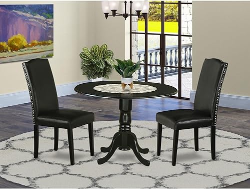 Miniatura 6 de East West Furniture DLEN3-BLK-69 - Juego de muebles de comedor de 3 piezas que contiene una mesa de comedor redonda con gotas y 2 sillas tapizadas