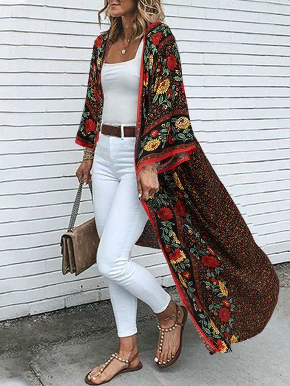 Strickjacke Damen,Boho Damen Blumendruck Burgund Chiffon Blusen Schal Kimono Cardigantunic Shrugs Party Tops Casual Beach Bikini Cover Ups Leichte Cardigans Mit Offener Vorderseite Für Mädchen Damen