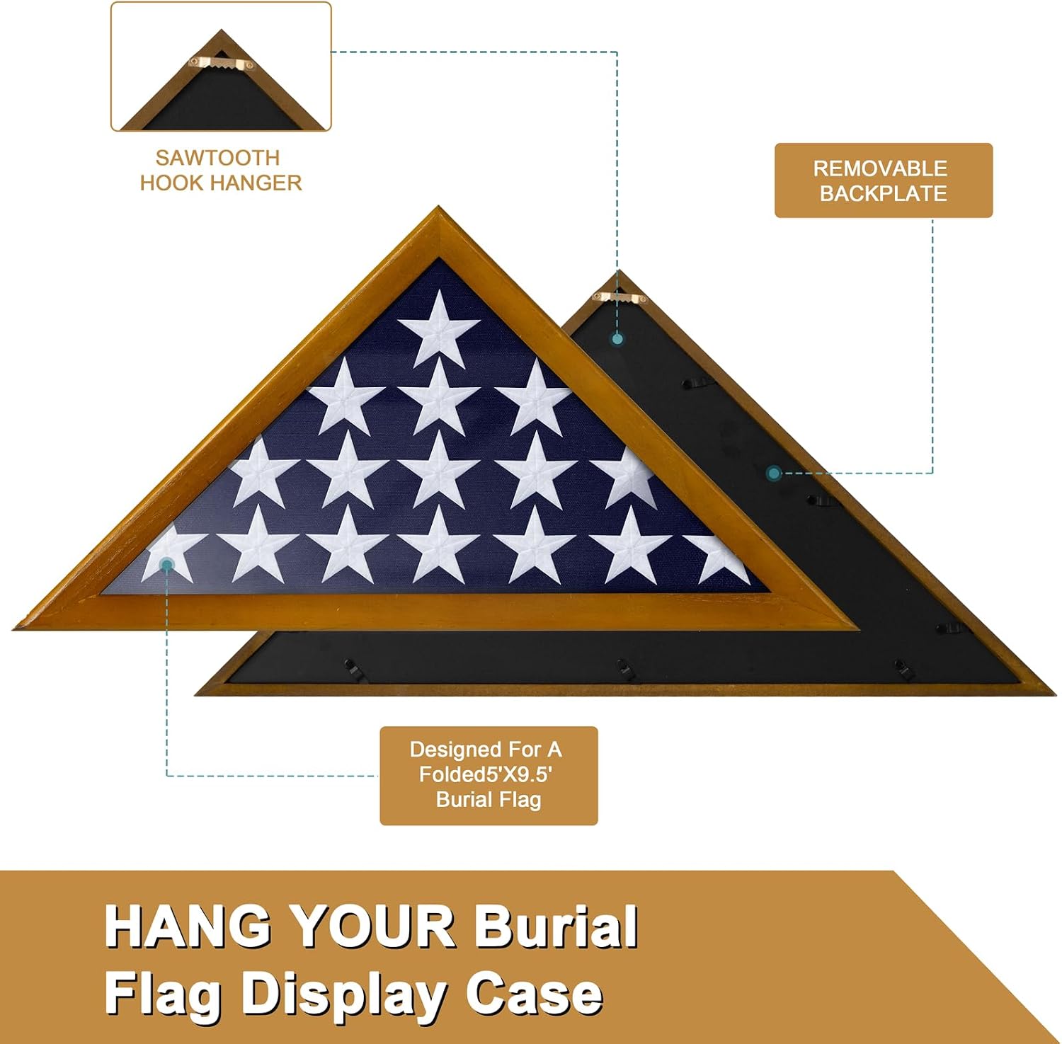 Military Flag Display Case For Burial Flag - Solid Wood, Real Glass Front, Wall Mount, Fits 5'x9.5' Flag, Brown - View #4