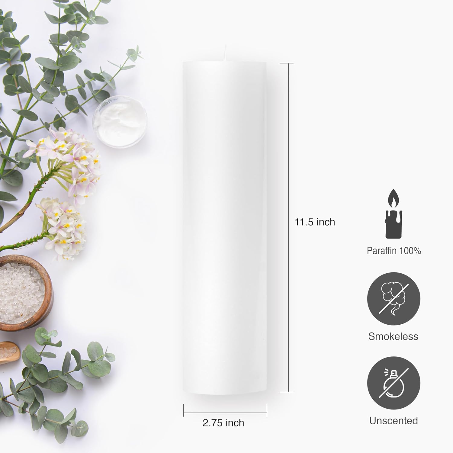 White Pillar Candle (D: 2.75 in, H: 11.5 in), Unscented Candle, for Home Decor, Weddings, Dinner and Christmas, Rustic Style, Large Big Candles