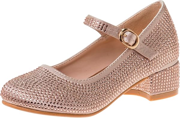 Badgley Mischka Girls Dress Shoes - Kids High Heel Flats Pumps Slip-On Block Glitter Rhinestone Sparkly Closed Toe with Strap - Black/Silver/Rosegold Little Kid/Big Kid