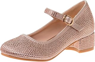 Girls Dress Shoes - Kids High Heel Flats Pumps Slip-On Block Glitter Rhinestone Sparkly Closed Toe with Strap - Black/Silver/Rosegold (Little Kid/Big Kid)