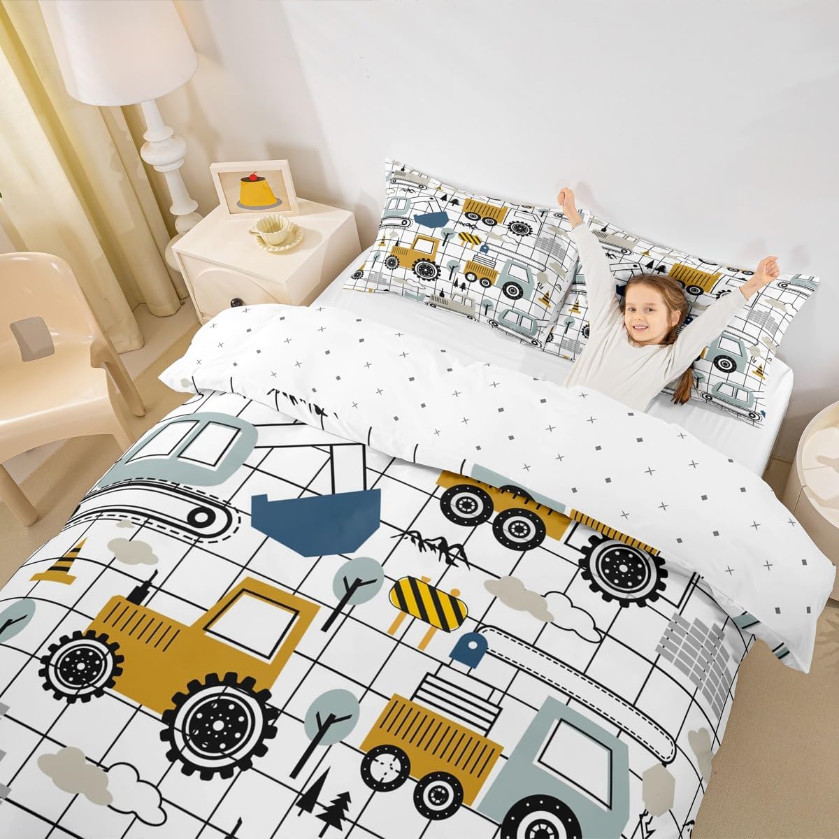 Construction Bedding Set Full Size Kids Excavator Tractor Toddler Comforter Cover Set Cartoon Car Equipment Trucks Plaid Grid Duvet Cover Construction Vehicles WhiteBedspread Cover Quilt Cover