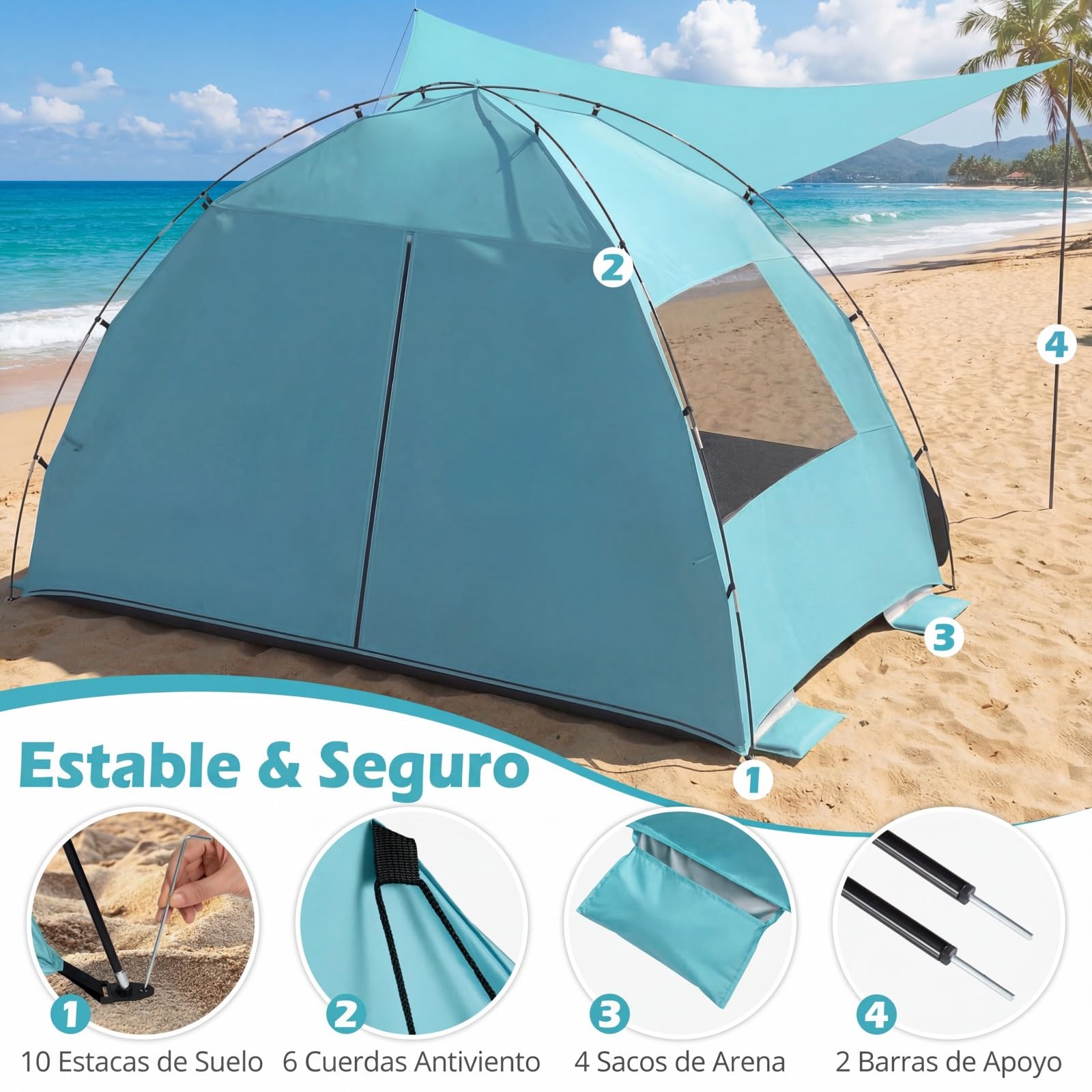 COSTWAY Tienda de Playa Plegable, 3-4/5-6 Personas, Carpa Camping con Toldo,Protección Solar UPF50+, Revestimiento Plateado, Bolsa de Transporte, Ventanas, Tienda de Campaña (260 x 150 x 160 cm,Azul)