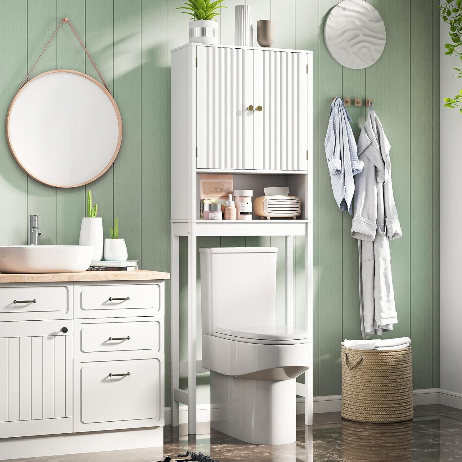 GIANTEX Mueble Organizador sobre Inodoro, Armario de Pie con 2 Puertas y 1 Compartimento Abierto, Estante Inferior Ajustable, 60 x 23 x 168 cm, Estantería Alta para Baño, Lavadero (Blanco)